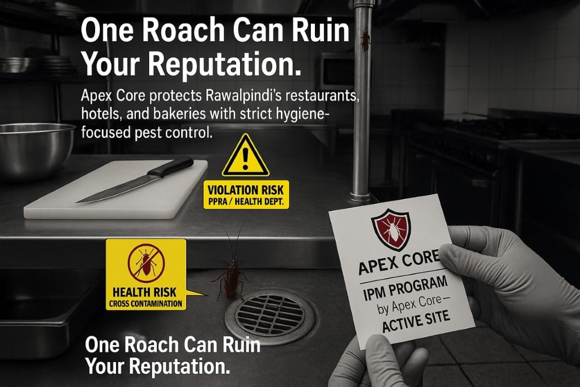 One roach can ruin your business reputation. Apex Core protects Rawalpindi's restaurants, hotels, and bakeries with professional, hygiene-focused cockroach control services.