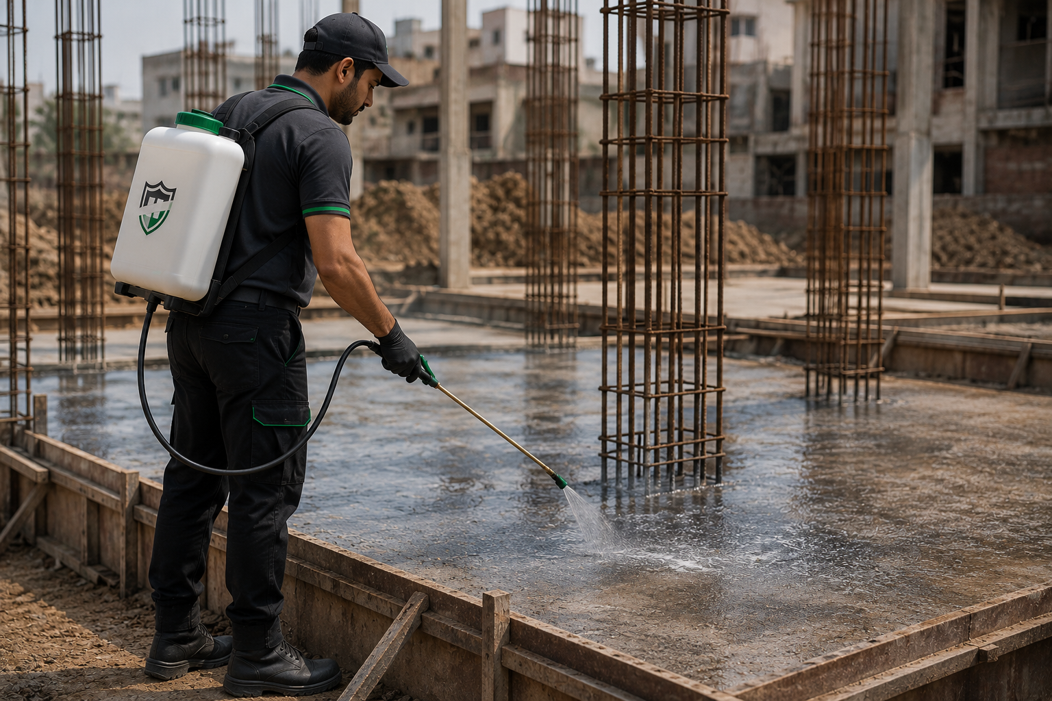 Construction Worker Spraying Concrete Foundation