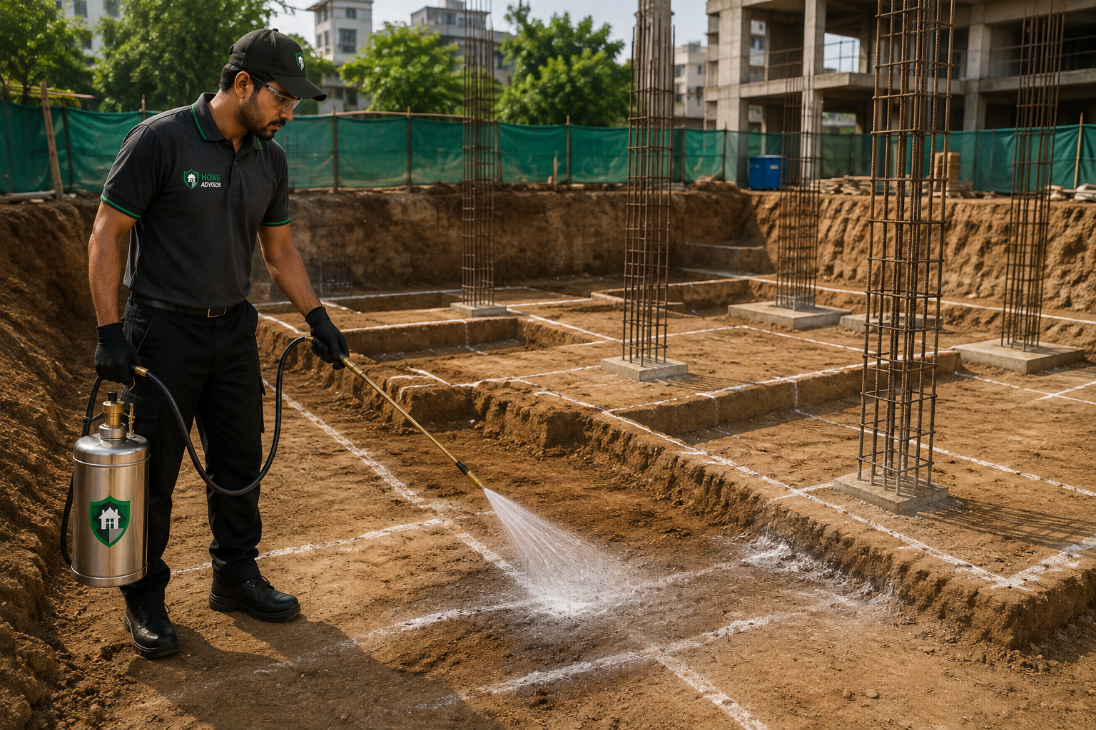 Construction Worker Spraying Foundation Site