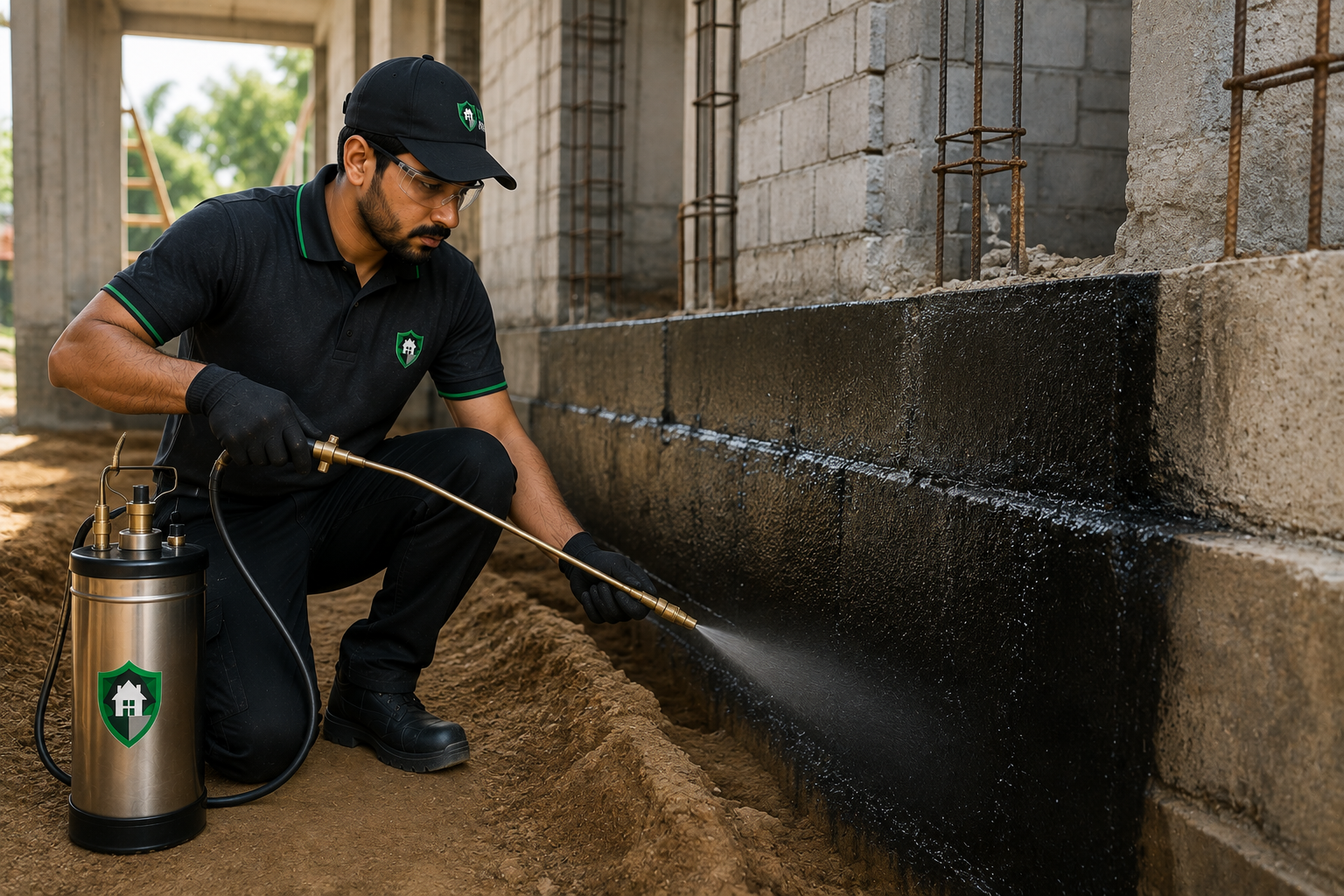 Construction Worker Waterproofing Foundation