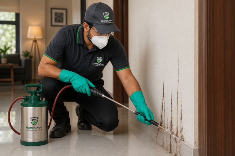 HomeAdvisor Technician Treating Wall Baseboard