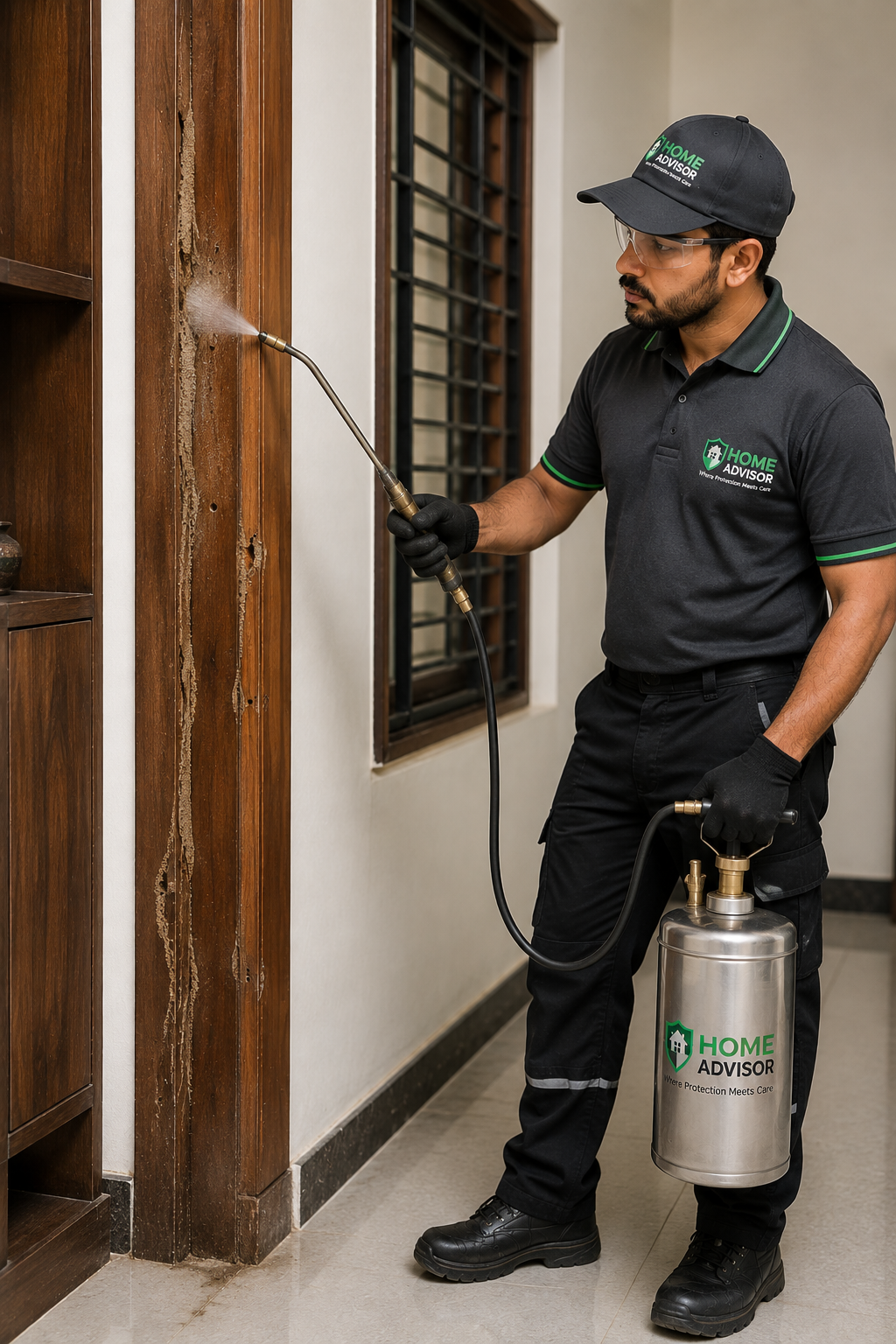 Pest Control Worker Treating Wood Trim