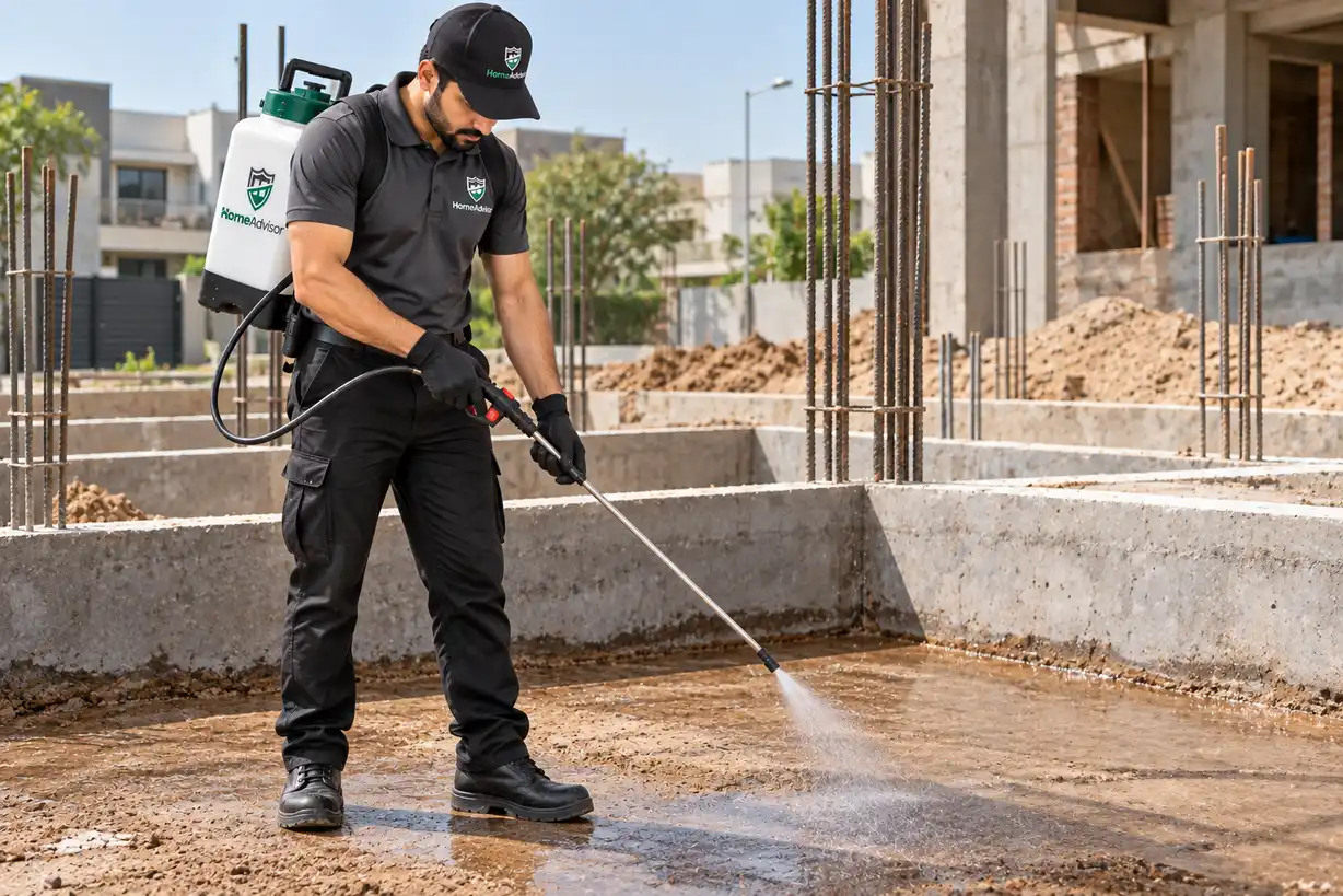 Construction Worker Spraying Concrete Foundation